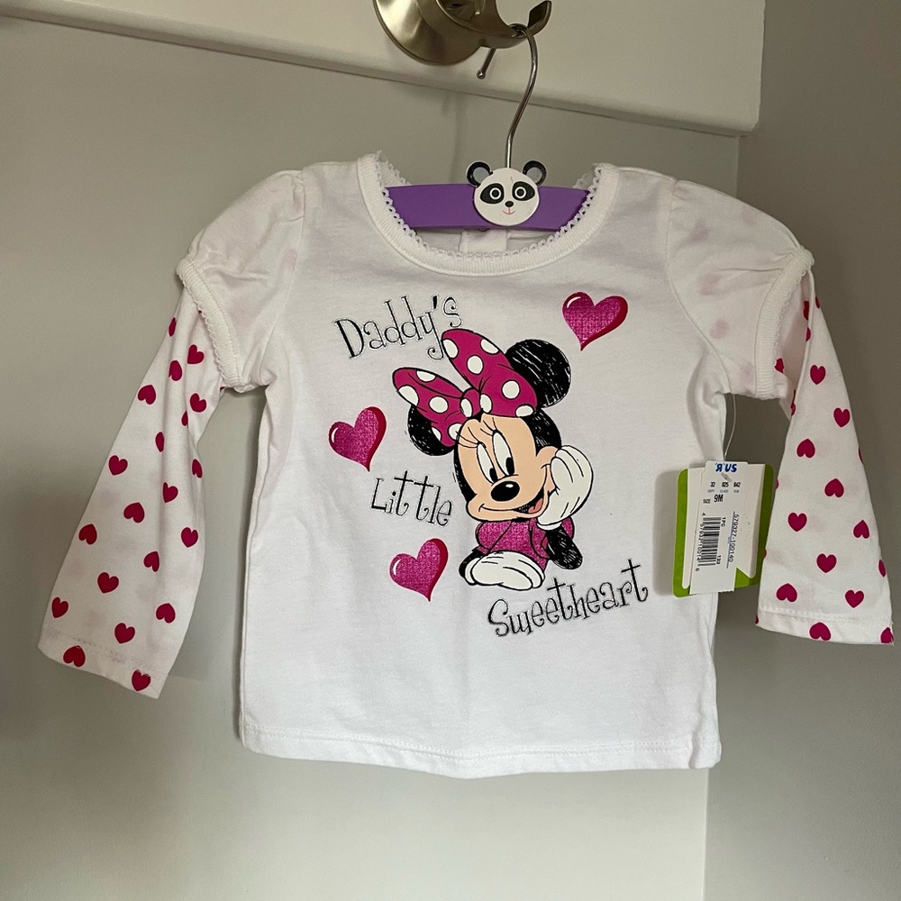 Disney Minnie Mouse Tee Shirt Heart Sleeves “Daddy’s Little Sweetheart” Baby 9M